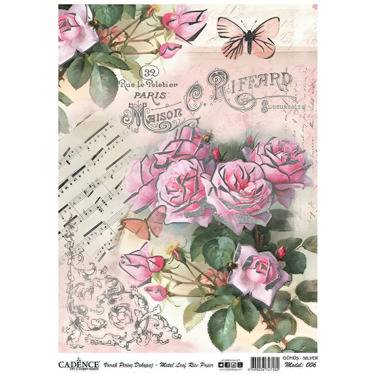 006 CADENCE DECOUPAGEPAPER A3 FLOWERS WITH SILVER ACCENTS - 006 - Image 1