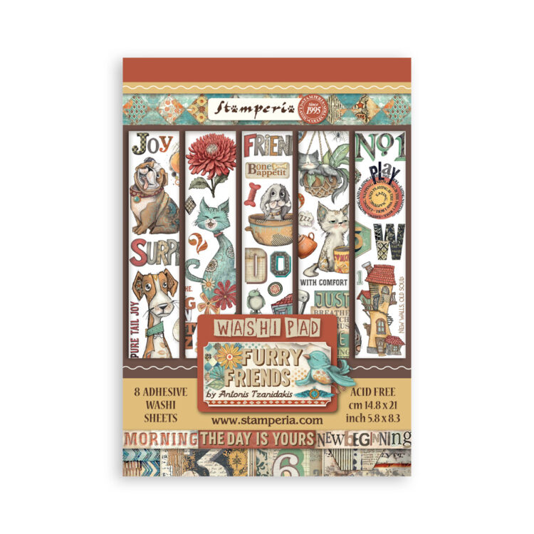 STAMPERIA FURRY FRIENDS WASHI PAD 8 SHEET A5 - SBW25 - Image 1